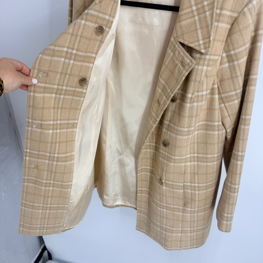 Sundance Tan Plaid Wool Blend Double Breasted Pea Coat Jacket M Neutral Fall - Picture 6 of 7